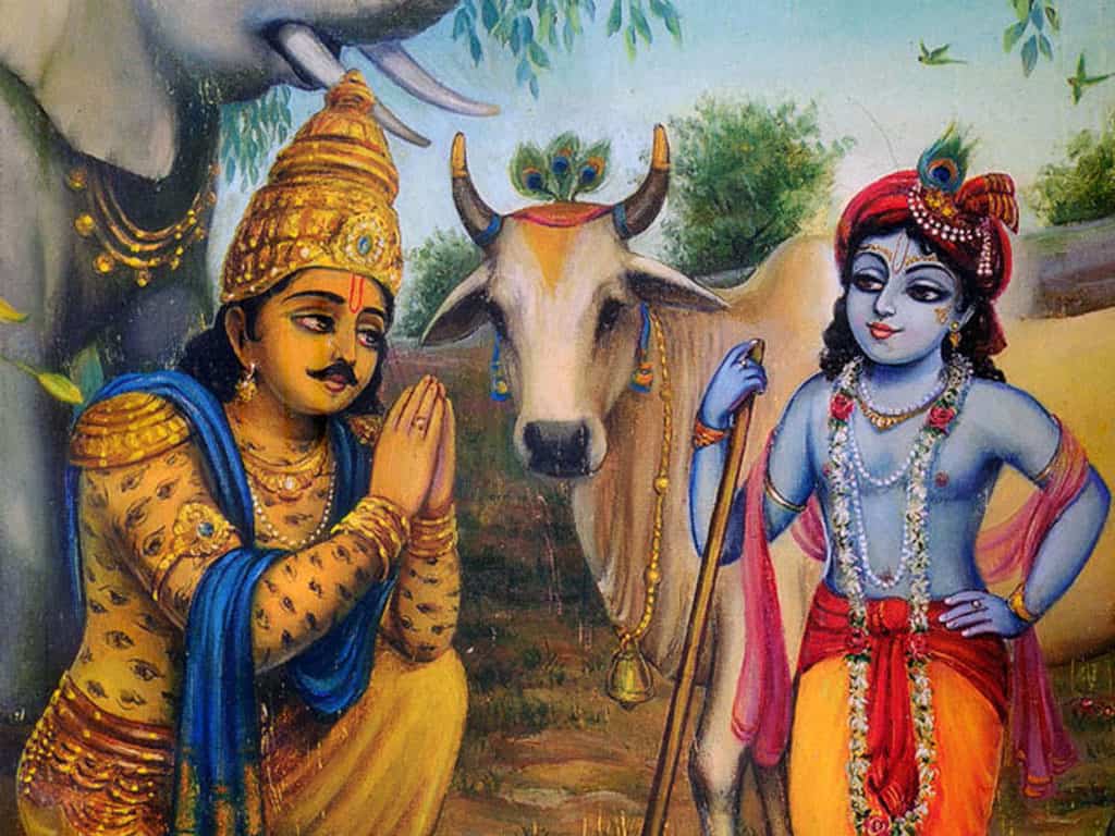 Indra folding hands infront of Krishna - Govardhan Puja