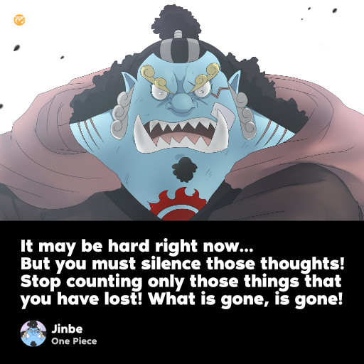 It may be hard right now… But you must silence those thoughts! Stop counting only those things that you have lost! What is gone, is gone! - Jinbe