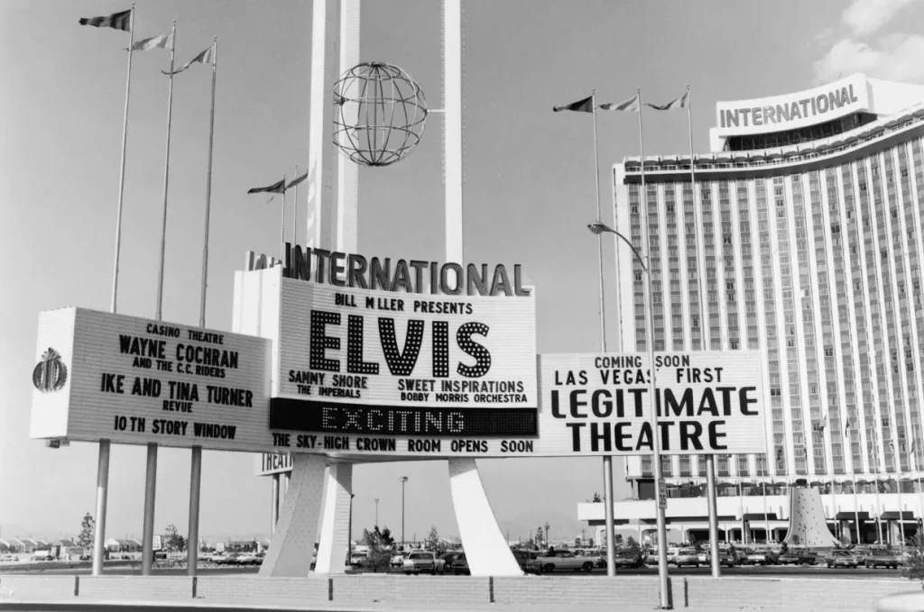 The sign for the International Hotel and Casino advertises a performance by Elvis Presley in 1969