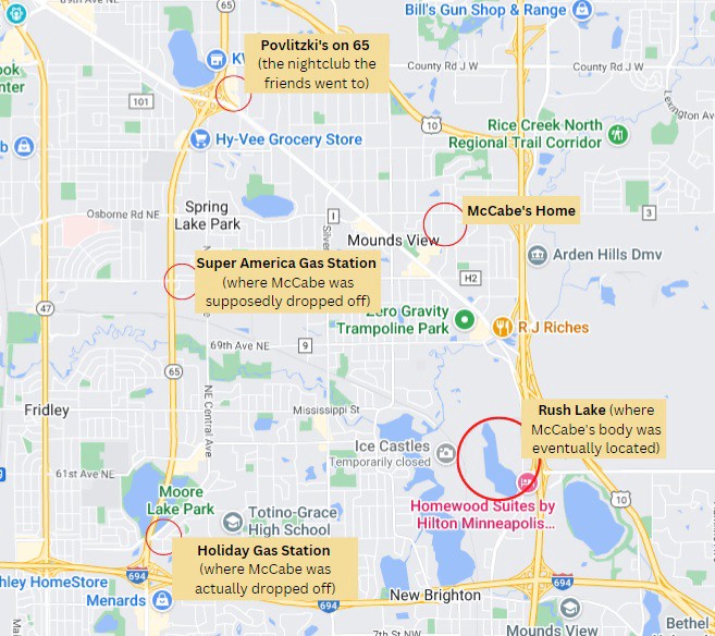 An approximate map indicating the key locations relevant to the disappearance of Henry McCabe.