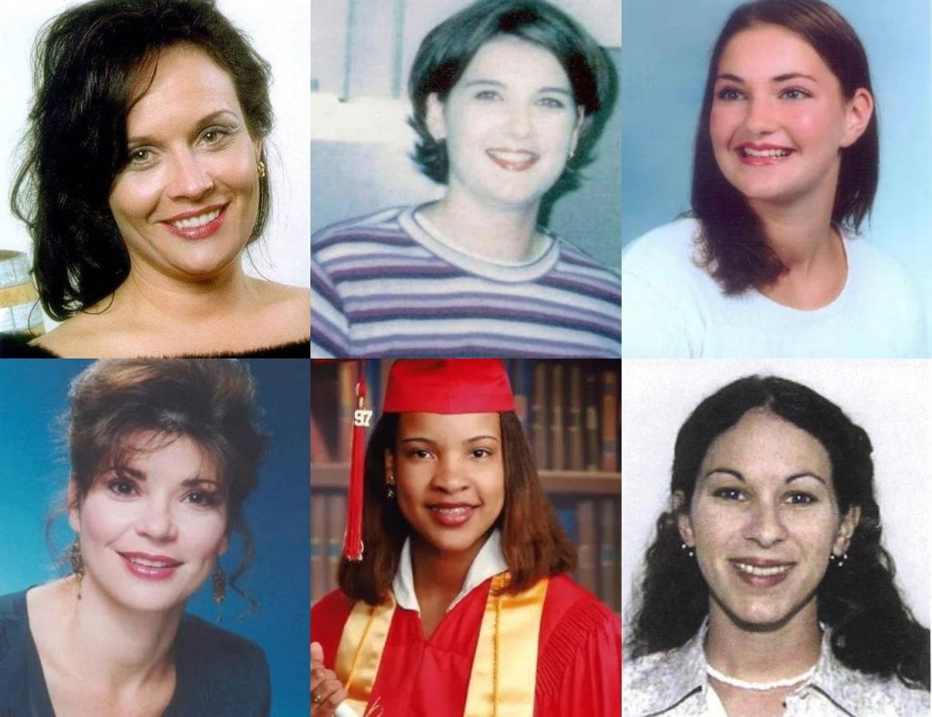 Seven Murders By Derrick Todd Lee - Gina Wilson Green (top-left), Geralyn Barr DeSoto (top-middle), Charlotte Murray Pace (top-right), Pamela Piglia Kinamore (bottom-left), Treneisha Colomb (bottom-middle) and Carrie Lynn Yoder (bottom-right).