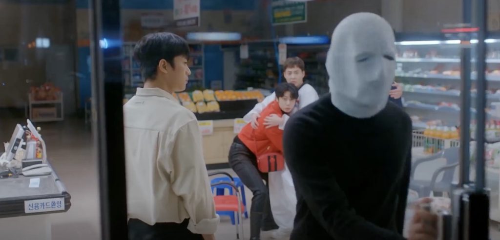 Masked man enters just as the lights return and takes some candy, leaving 1000 won on the counter. - CEO-dol Mart (Boss Dol Mart) Kdrama Episode 2 Recap