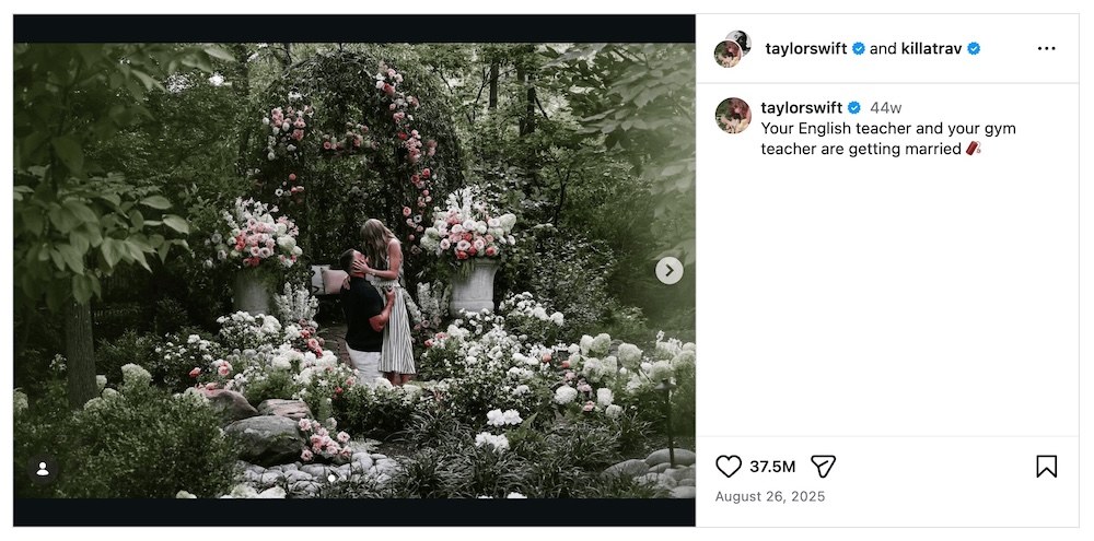 Swift and Kelce announced their engagement in August 2025 via a joint Instagram post